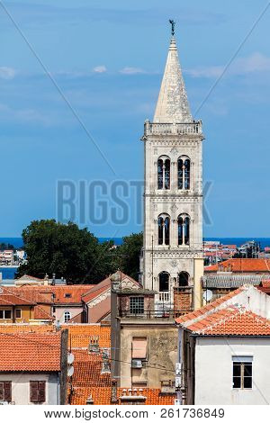 Bell Tower Of The Zadar Cathedral Of St. Anastasia In Zadar, Croatia. The Tower Construction Started