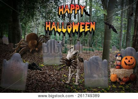 Halloween Shot Of Skeleton Dog Eating A Spider In A Graveyard With Big Spider Coming For The Dog