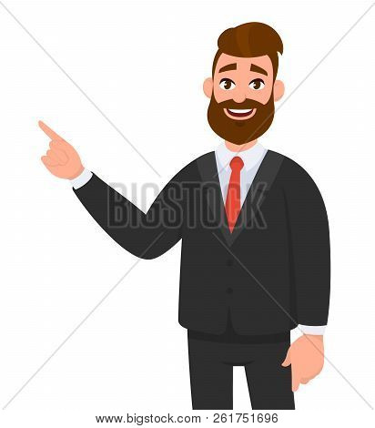 Happy Businessman Pointing Hand Gesture Copy Space To Present Or Introduce Something. Presentation, 