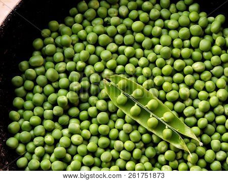 Vegetable Photography With Shelled Green Peas In A Black Pot With An Opened Pod Fruit Placed Diagona