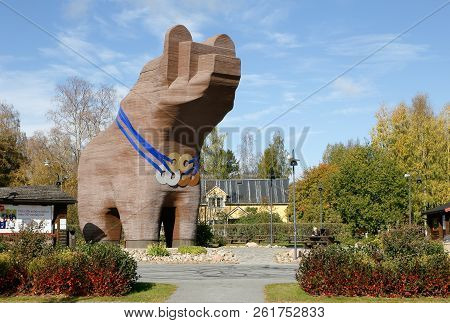 Sveg, Sweden - September 25, 2014: A Wooden 13 M High Bear Sculpture Located Near The City Center.