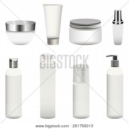Vector Set Of Blank Cosmetics Packages (bottles, Containers, Cream Jars And Other) Isolated On White