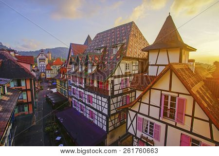 View Of Old French Style Public Building At, Colmar Bukit Tinggi During Sunrise.