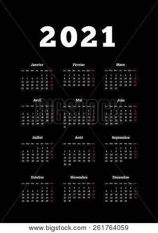 2021 Year Simple Calendar On French Language, A4 Size Vertical Sheet On Dark Background