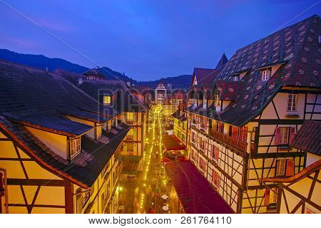 View Of Old French Style Public Building At, Colmar Bukit Tinggi During Blue Hour.