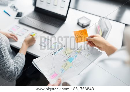 app design, technology and business concept - web designers working on user interface project and creating layouts at office