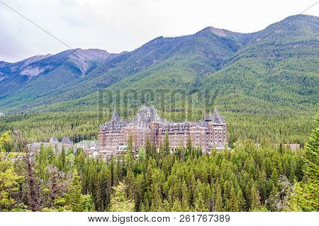 Banff,canada - July 1,2018 - View Of The Banff Springs Hotel Building In Canadians Rocky Mountains. 