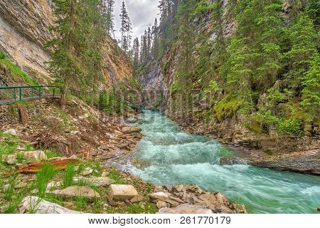 View At The Johnston Creek In Johnston Canyon Of Banff National Park In Canadian Rocky Mountains, Ca