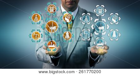 Corporate Executive Presenting A Digital Twin Of An Offshore Oil Drilling Platform. Industry And Tec