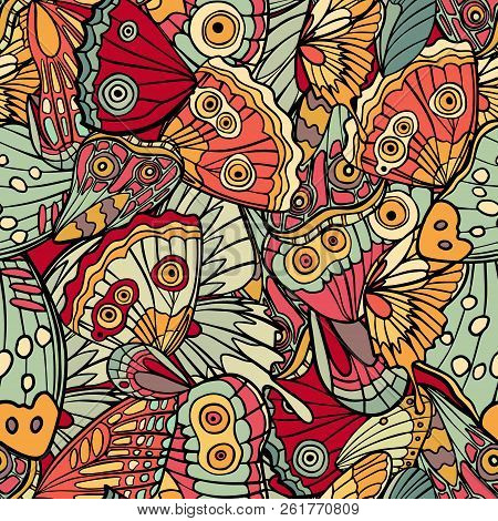 Hand Drawn Vector Seamless Pattern With Butterfly Wings.