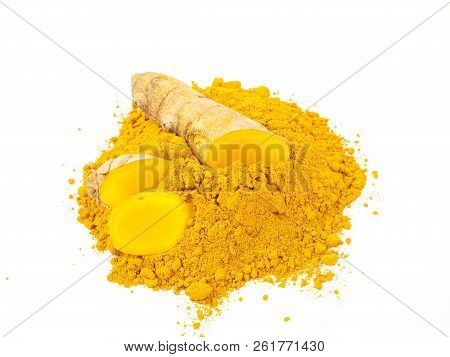 Turmeric Powder And Fresh Turmeric On White Background, Herbal