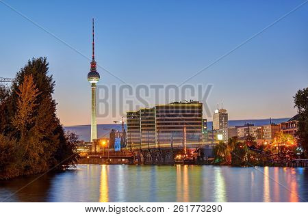 Dusk At The River Spree In Berlin With The Famous Television Tower In The Back
