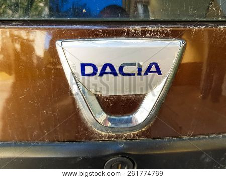 Miercurea Ciuc, Romania-06 October 2018: Dirty Dacia Logo Close Up Shot On Natural Light.
