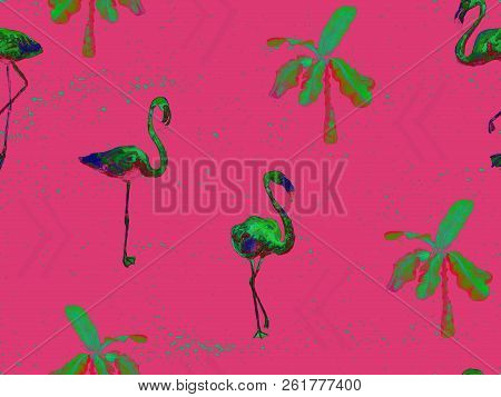 Large Flamingo Hipster Red Hawaiian Seamless Pattern. Summer Tropical Birds Watercolor Endless Print