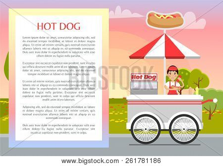 Hot Dog Poster Text Sample In Frame, Hot-dogs Seller And Bun With Sausage, Street Food Banner Mobile