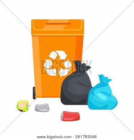 Container With Recycle Sign, Conservation Of Nature, Ecology And Bags Full Of Waste, Aluminum Bottle