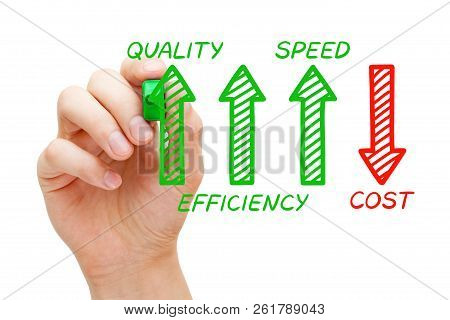 Hand Drawing Increased Quality, Efficiency And Speed But Decreased Cost Arrows Concept With Marker O