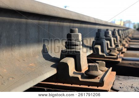 Rail-ties Coupling Bolt. Macro Closeup. Perspective Angle.