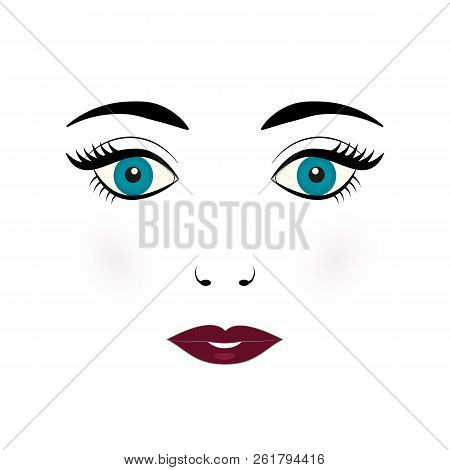 Cute Young Woman Face Vector Illustration. Doll Face With Blue Eyes, Eyelashes, Eyebrows And Burgund