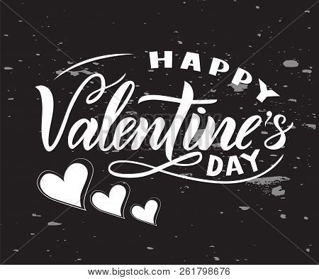 Happy Valentines Day On Ponk Background With Hearts. Modern Calligraphic Lettering. Isolated. Black 