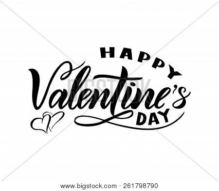 Happy Valentines Day On Ponk Background With Hearts. Modern Calligraphic Lettering. Isolated. Black 