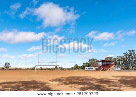 Loxton, South Africa, August 7, 2018: A Sports Stadium, With Combined Rugby And Soccer Posts, In Lox