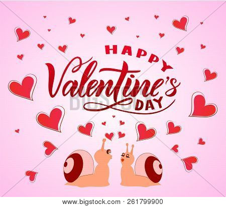 Happy Valentines Day On Ponk Background With Hearts. Modern Calligraphic Lettering. Isolated. Black 