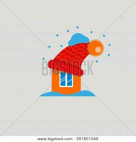 House In Warm Knitted Hat, Home Insulation, Vector Illustration Of Warm House