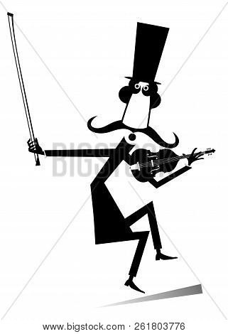 Cartoon Long Mustache Violinist Illustration. Smiling Mustache Man In The Top Hat With Violin And Fi