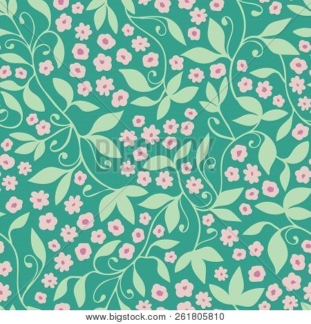 Green Pink Floral Tendril Seamless Vector Pattern Background