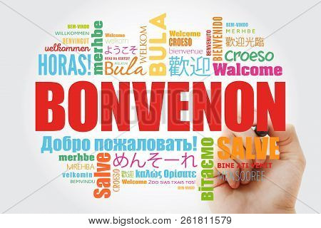Bonvenon (welcome In Esperanto) Word Cloud With Marker In Different Languages, Conceptual Background