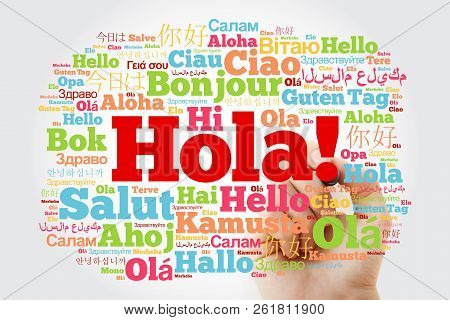 Hola! (hello Greeting In Spanish) Word Cloud In Different Languages Of The World With Marker, Backgr