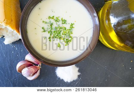 Ajoblanco O White Gazpacho, Popular Cold Soup From South Spain. Overhead View