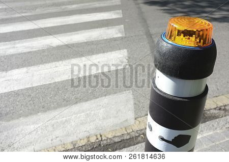 Pedestrian Crossing Traffic Pole For Blind People. Emerging Lighting On Ground And Auditive System