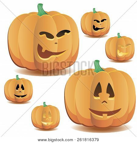 Halloween Pumpkin With A Cute Face And Lighting, Set 7, Vector Illustration Additional