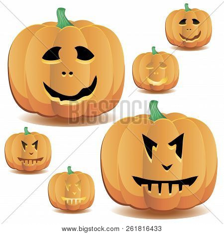 Halloween Pumpkin With A Cute Face And Lighting, Set 9, Vector Illustration Additional