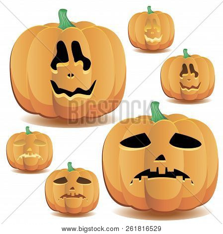Halloween Pumpkin With A Cute Face And Lighting, Set 12, Vector Illustration Additional