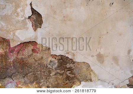 Concrete Old Vintaz Wall With Damaged Plaster.