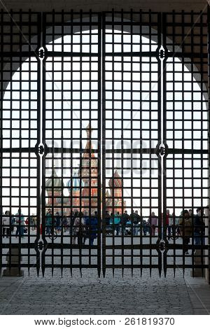 Moscow, Russia - September 30, 2018: View On The Red Square Through The Lattice Of The Gate