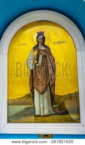 Athens, Greece, March 5, 2018 Saint Great Martyr Barbara Icon Saint Sophia Of Acropolis Athens Greec