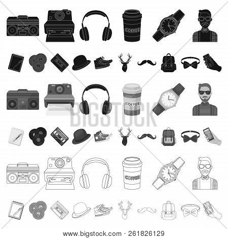 Style Hipster Cartoon Icons In Set Collection For Design. Hipster Attributes And Accessories Vector 