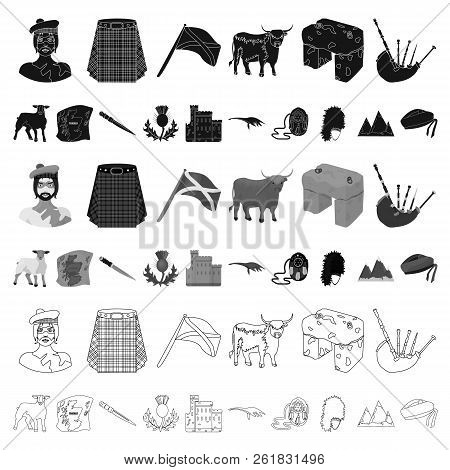 Country Scotland Cartoon Icons In Set Collection For Design. Sightseeing, Culture And Tradition Vect