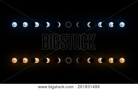 Solar And Lunar Eclipses Full Cycle. Sun And Moon Eclipses