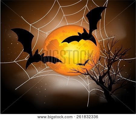 Halloween Party Invitation Card - Fun Night Party. The Idea For The Invitation - Bats On The Backgro