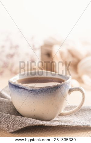 Coockies With Egg White Cover. Portuguese Sweets Known As Cavacas Served With Tea On Ceramic Cups.