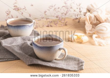 Coockies With Egg White Cover. Portuguese Sweets Known As Cavacas Served With Tea On Ceramic Cups.