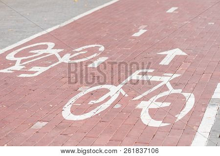 Bicylce Lane With Sign Of Transport Close Up