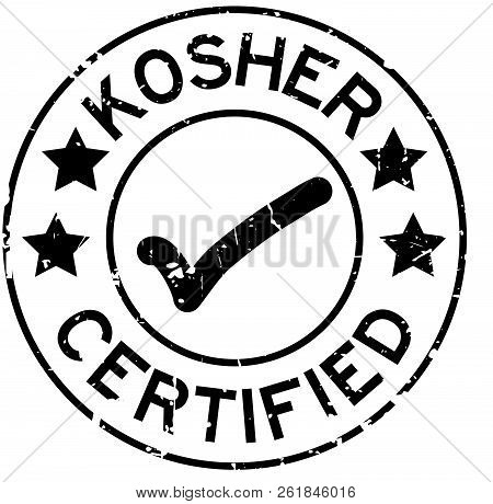 Grunge Black Kosher Certified Word With Mark Icon Round Rubber Seal Stamp On White Background