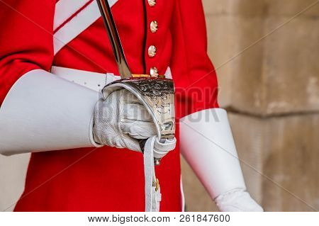 London. September 2018. A View Of Detail On A Queens Guard Uniform In Westminster In London
