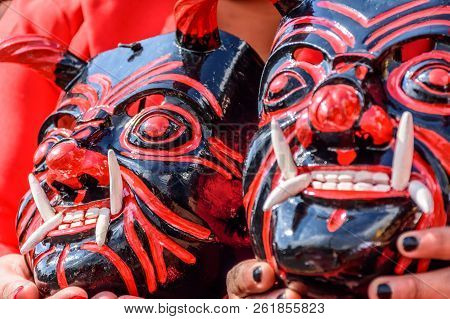 Cuidad Vieja,, Guatemala -  December 7, 2017: Traditional Folk Dance Devil Masks On Our Lady Of The 